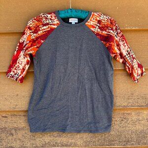 Lularoe Girls Size 10 Baseball Tee Gray With Red & Orange Printed Sleeves